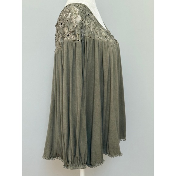 POL Women's Small Olive Green Boho Floral Lace Long Sleeve Blouse Top Oversized - Picture 8 of 13